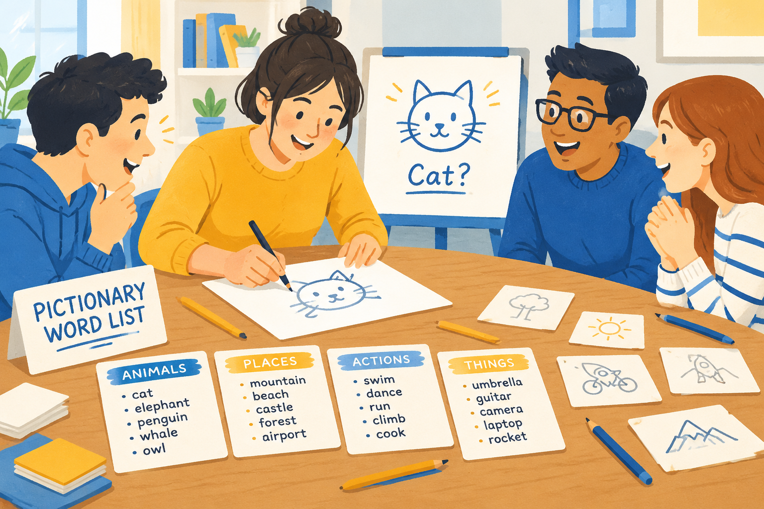 people playing a drawing word game at a table with paper cards pencils and simple sketches