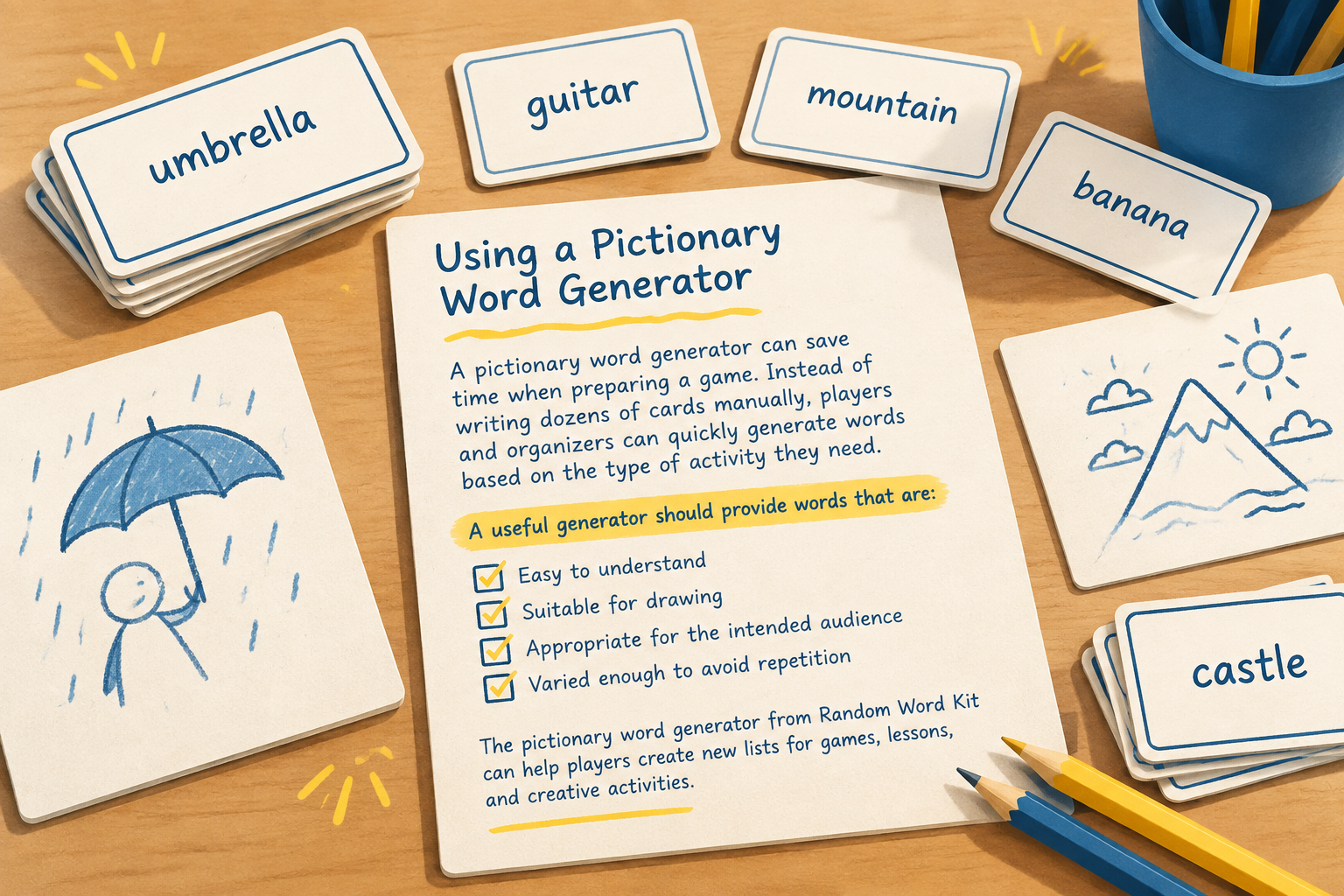 close-up illustration of word cards pencils and handwritten drawings on a game table