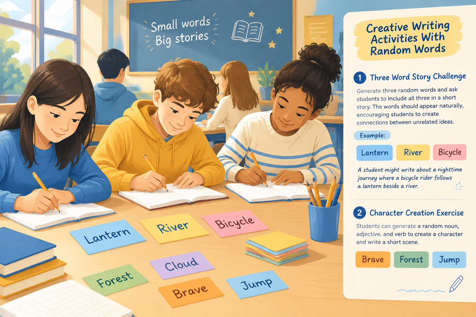 students writing stories with colorful paper cards and pencils on classroom tables