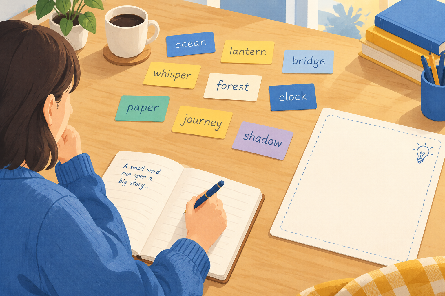 person writing a story beside colorful word cards arranged on a table with empty space for notes