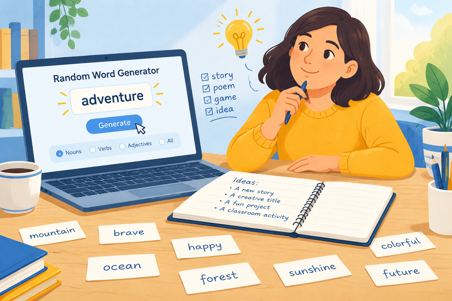 Open notebook with scattered letter cards and a person brainstorming words at a desk
