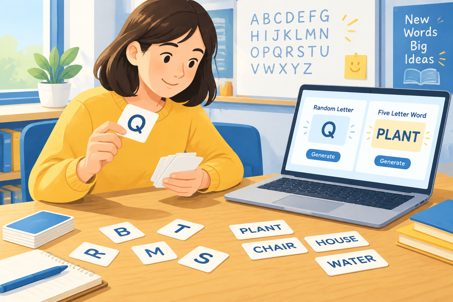 Person using word cards beside a laptop during a classroom vocabulary activity