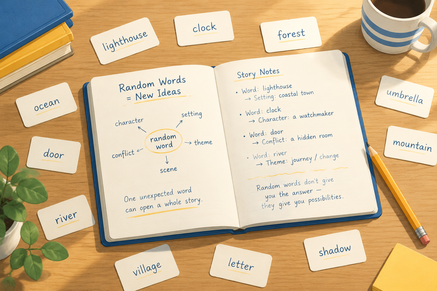 Open notebook with scattered letter cards, a pencil, and handwritten story notes on a desk