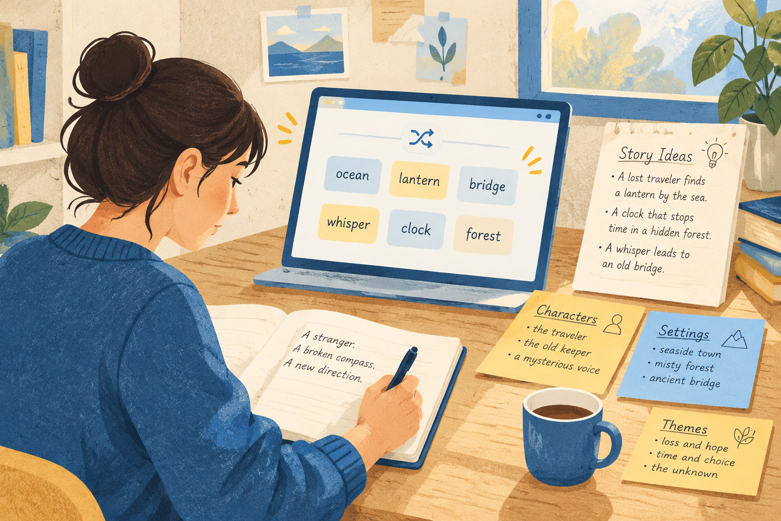 Person writing a short story beside a screen showing simple word cards and creative notes