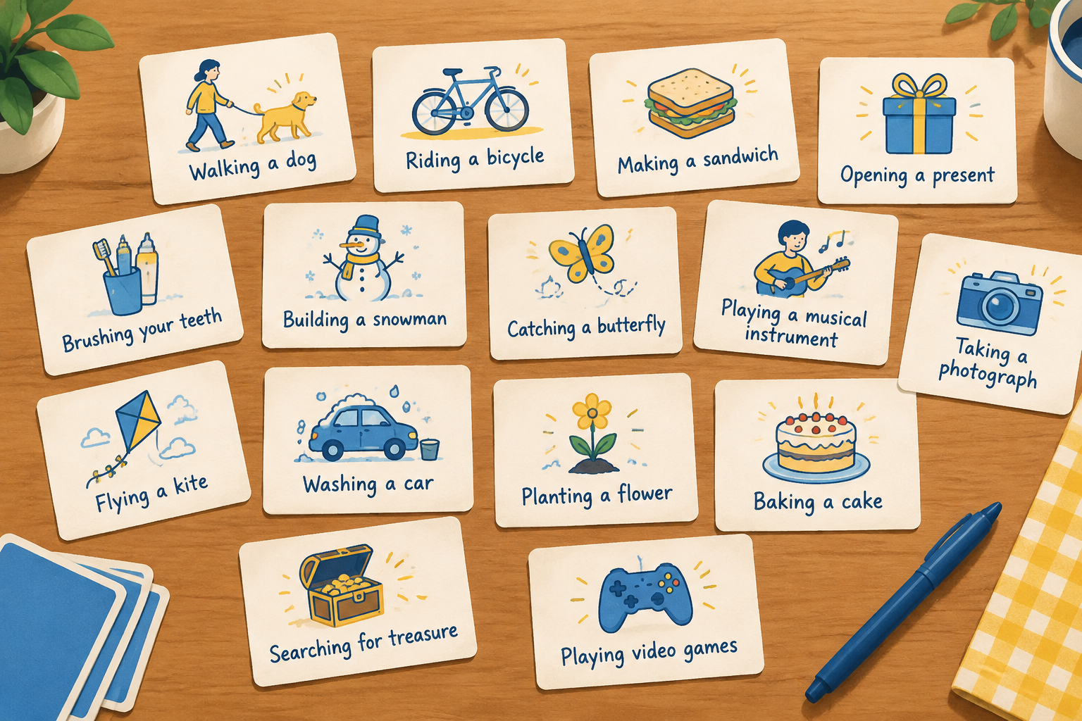 illustration of handwritten charades prompt cards