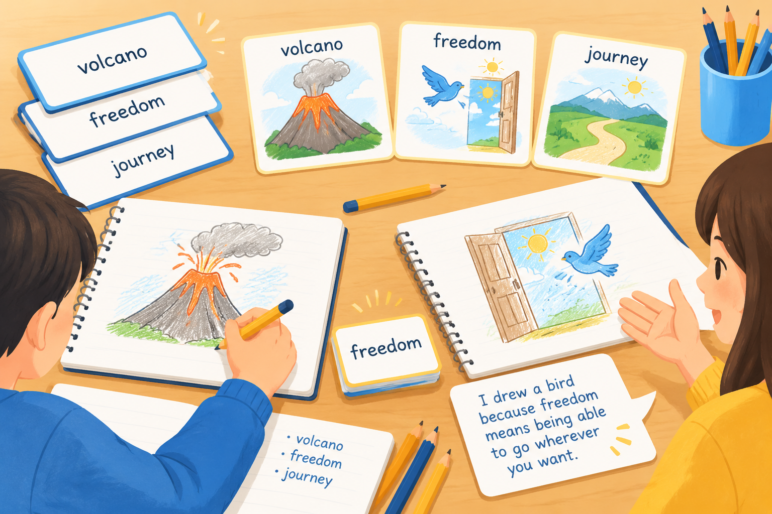 Open notebooks with vocabulary cards, pencils, and students creating word-based drawings