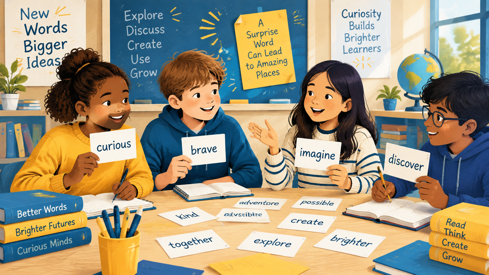 Students using letter cards and notebooks during a classroom vocabulary activity