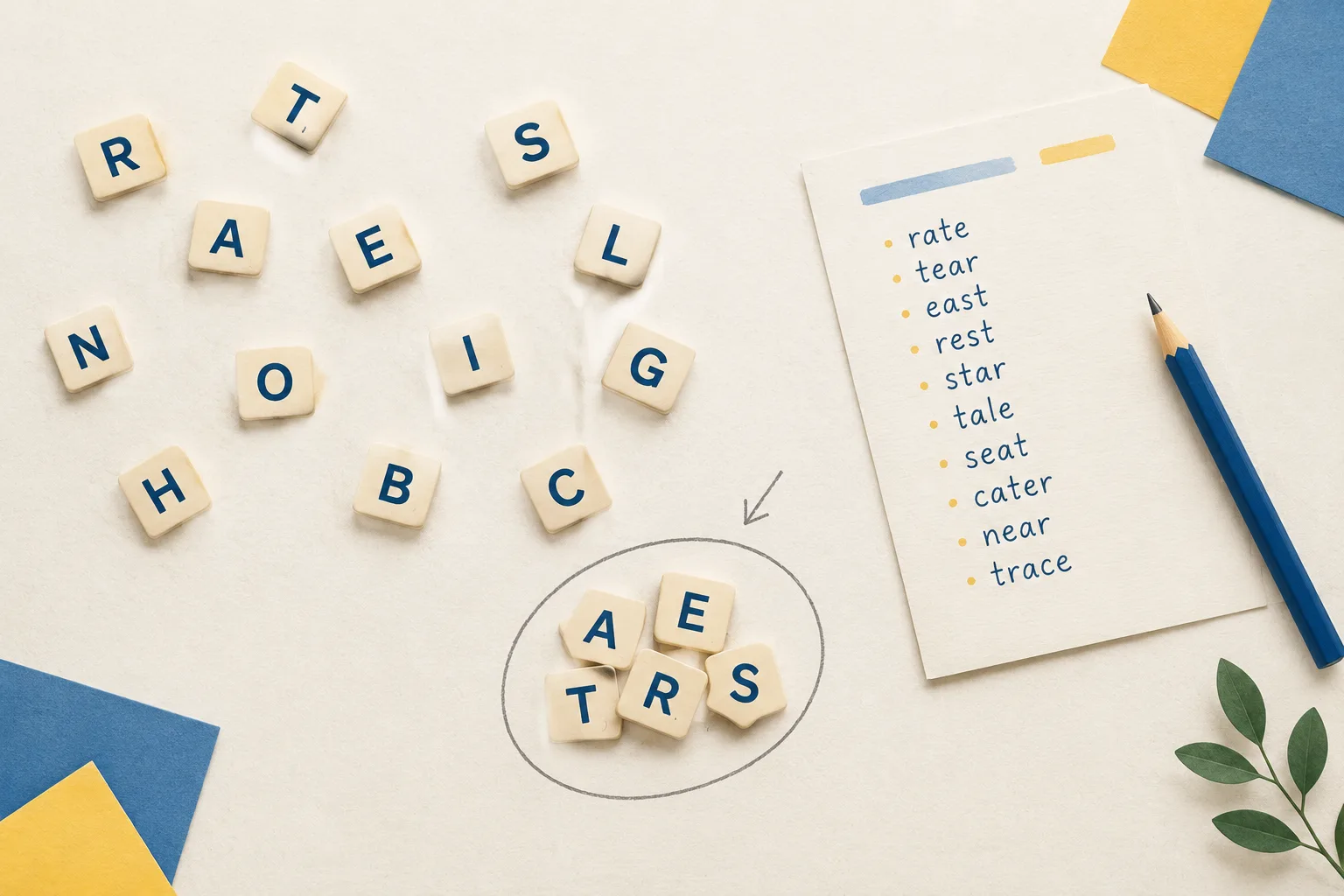Flat lay of scattered letter tiles on a plain surface next to a printed list of short words