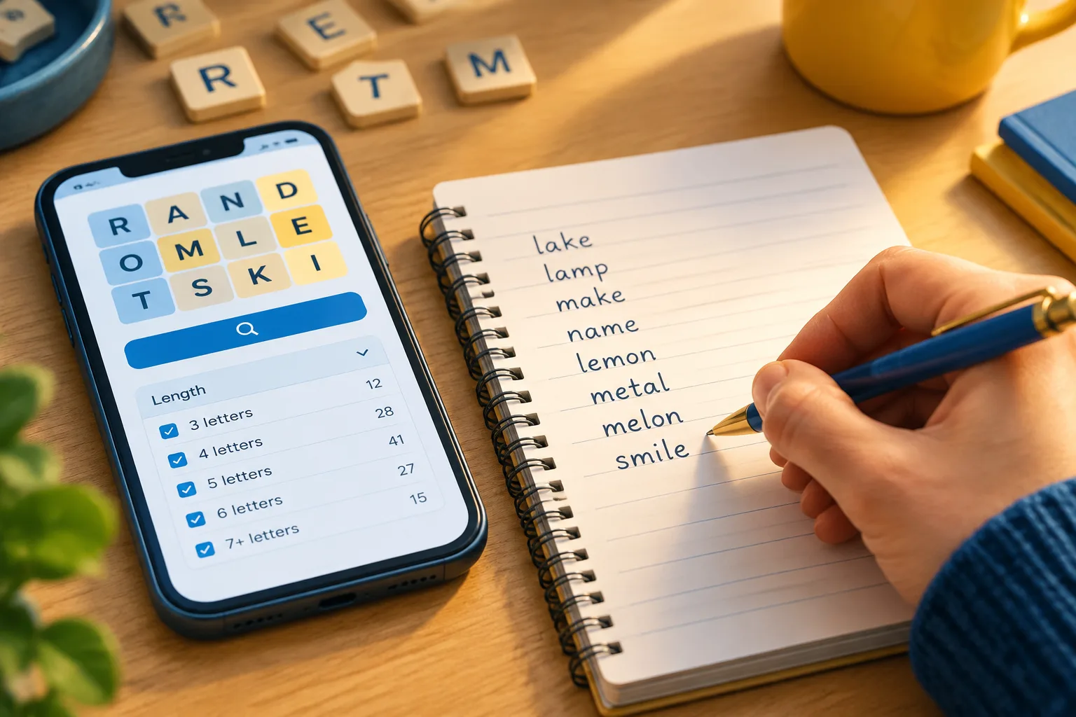 Close-up of a hand writing a short word list in a lined notebook beside a phone