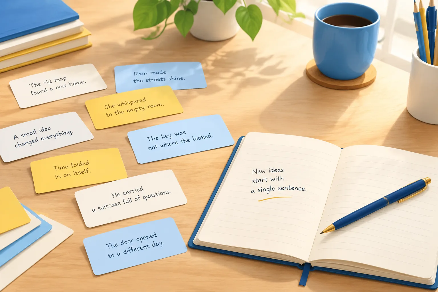 Editorial paper and letter-card illustration of a writer's desk