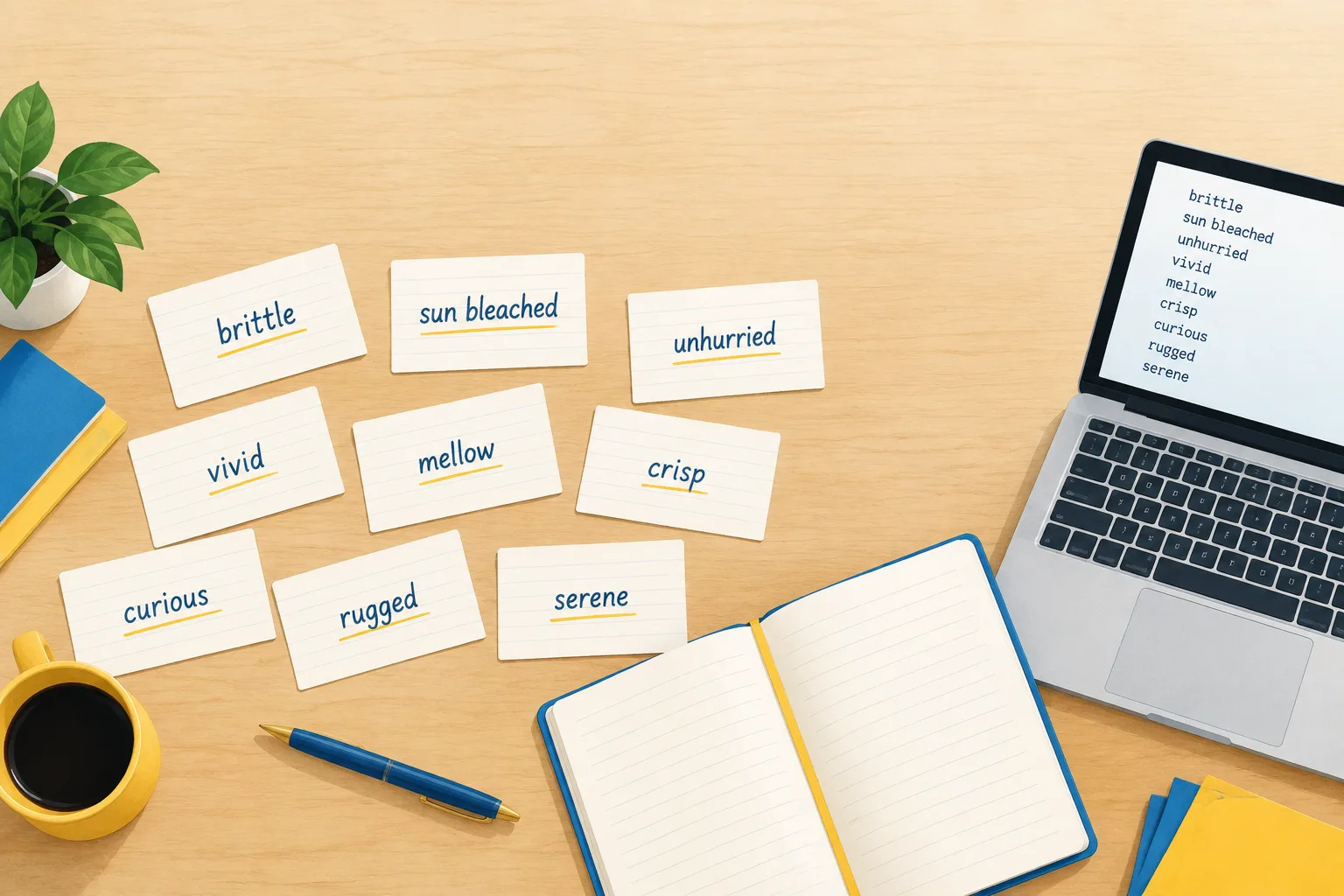 Top-down flat lay of index cards each printed