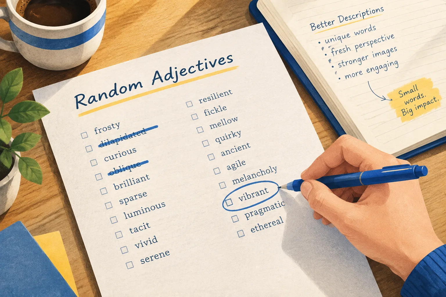 Close-up of a writer's hand crossing out two adjectives on a printed list while circling a third