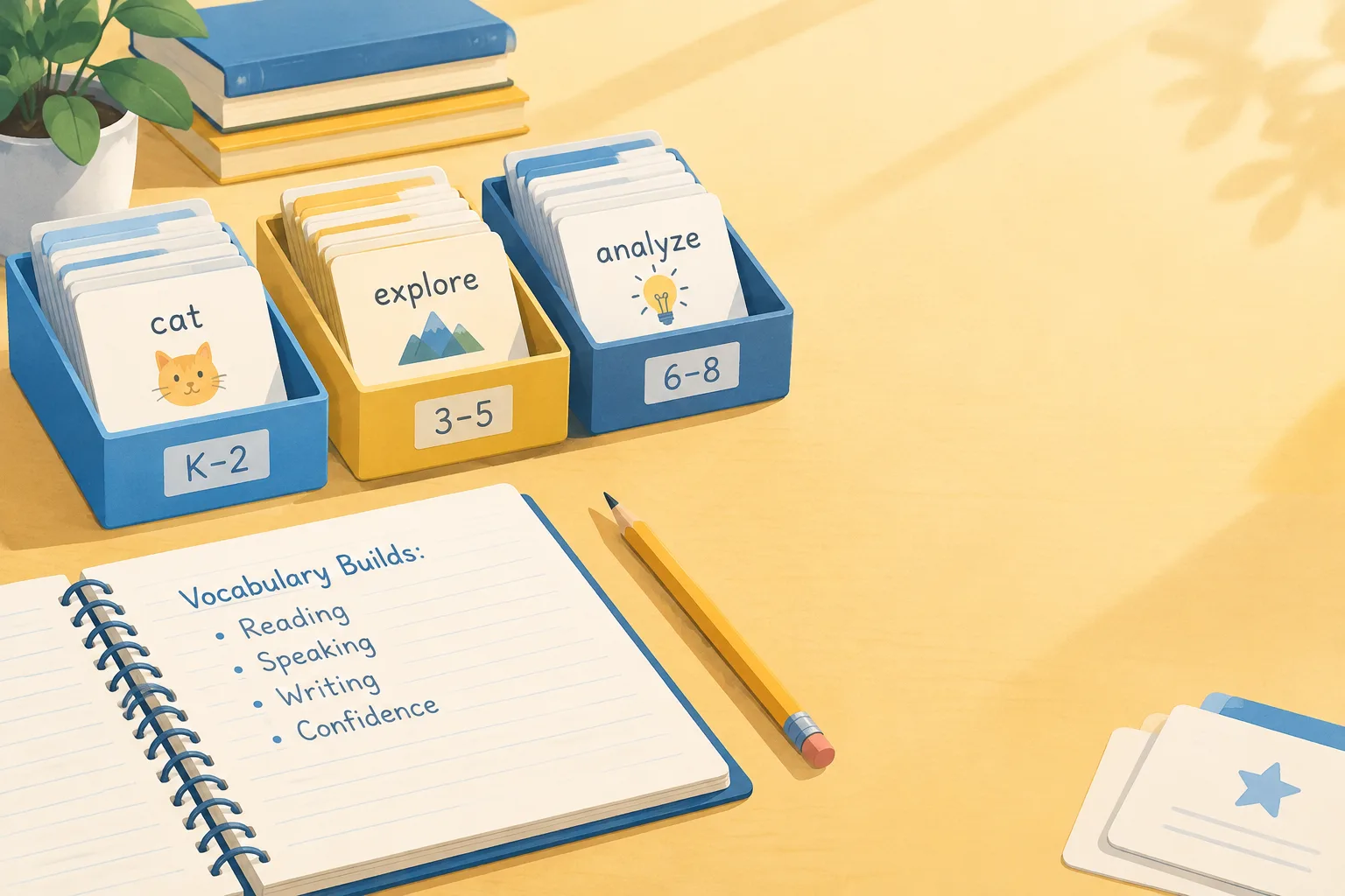 Flat editorial illustration of stacked letter cards sorted into three labeled trays