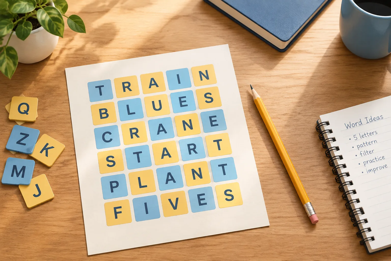 Editorial illustration of a five-by-six letter grid on paper