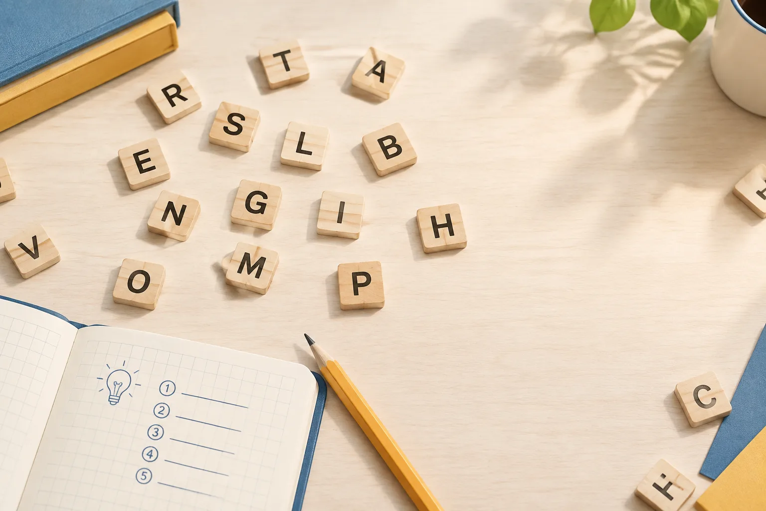 Overhead photo of wooden letter tiles scattered across a pale desk beside an open notebook and penci