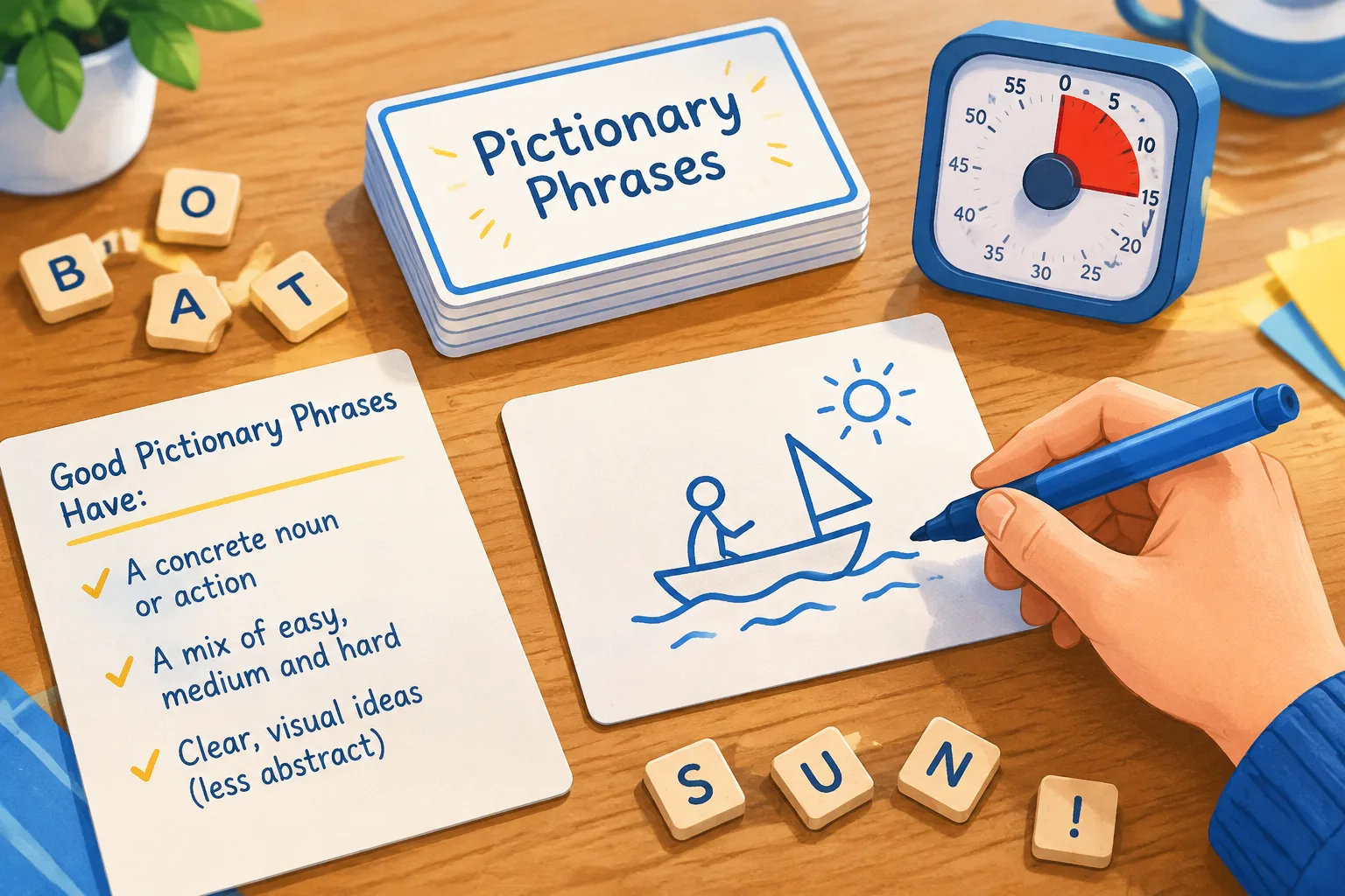 Editorial illustration of a hand drawing a phrase card on paper