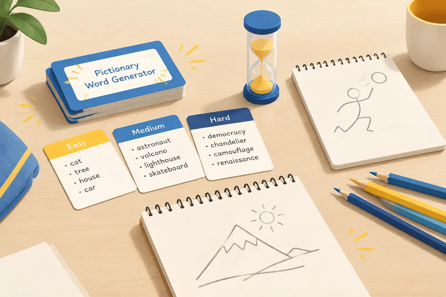 Editorial illustration of a tabletop drawing game