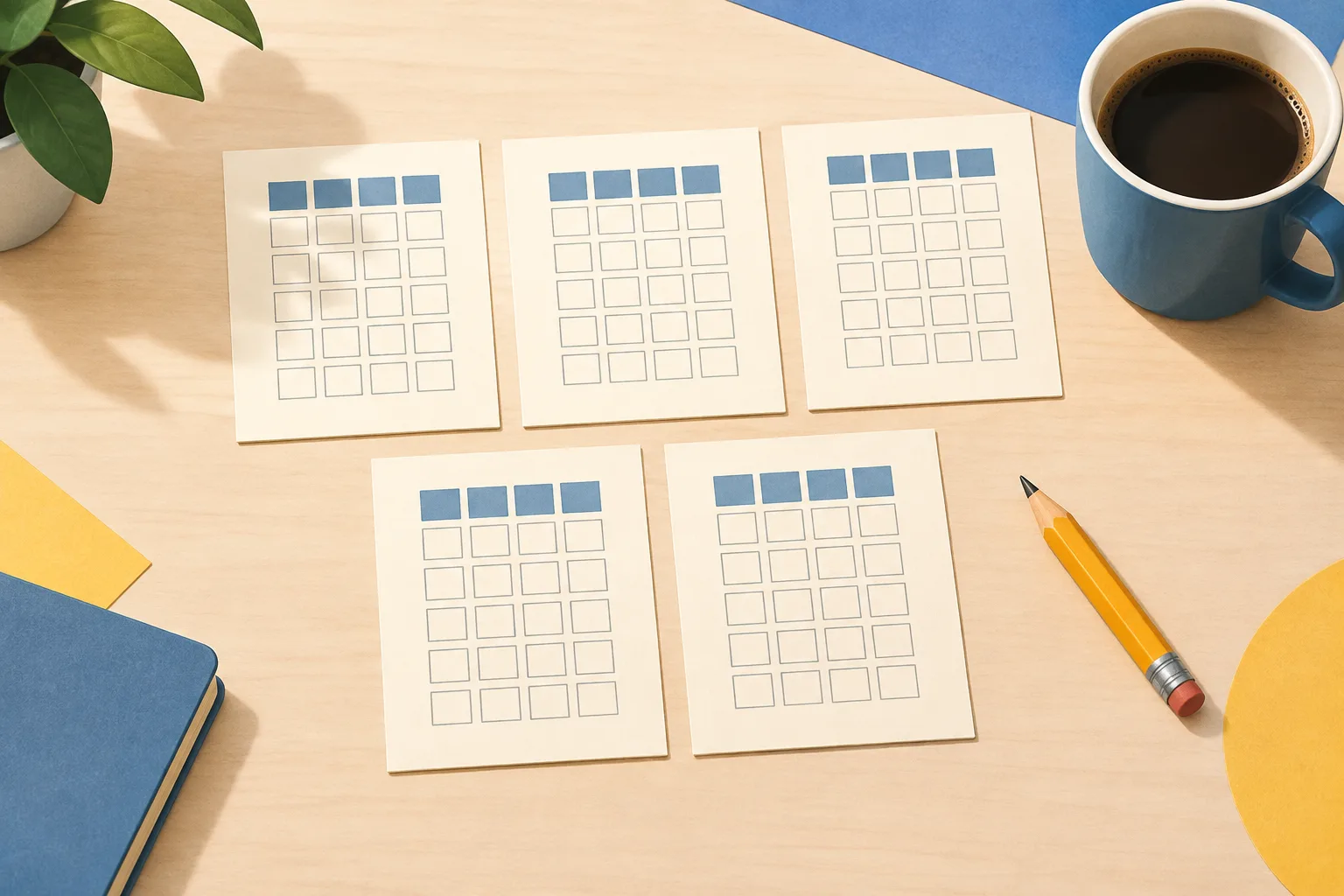 Editorial illustration of five blank puzzle grids on cream paper beside a mug of coffee and a short