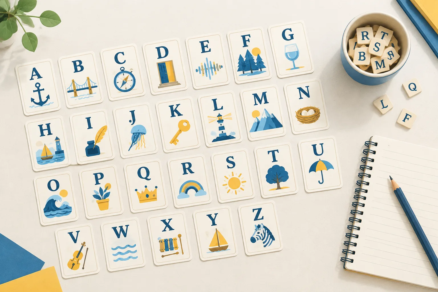 Top-down illustration of alphabet letter cards from A to Z