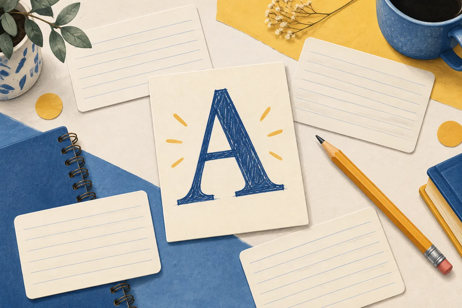 Editorial paper-and-letter-card illustration: a hand-drawn letter A surrounded by blank index cards