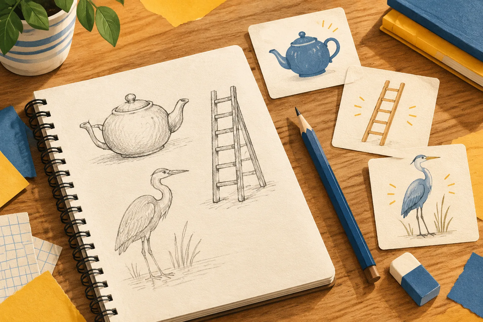 A sketchbook on a wooden desk