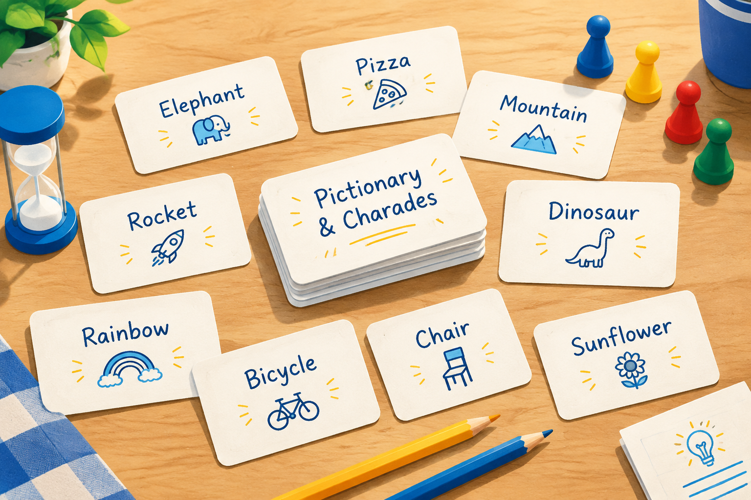 paper cards with handwritten words beside pencils and game pieces on a table