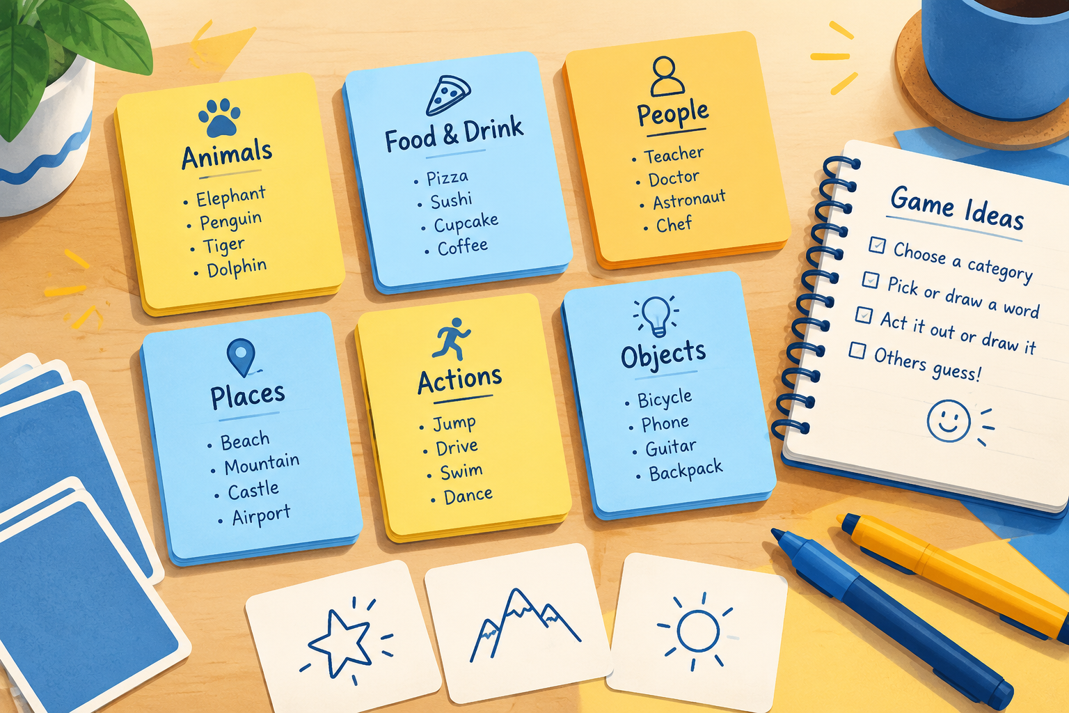 colorful letter cards grouped into categories with a notebook and drawing tools